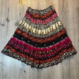 Forbiden Los Angeles Tiered Multi Print Midi Skirt Size Small Boho Festival Y2K
